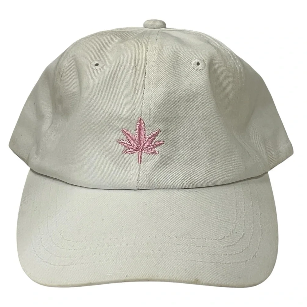 Women's Adjustable White Cap with Pink Pot Leaf Embroidery